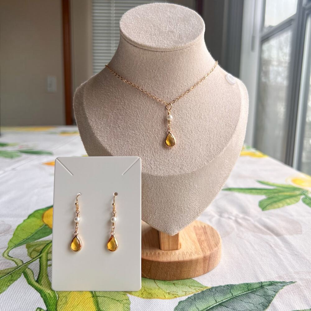 Citrine Yellow Crystal Glass Pearl Bridal Set Bridgerton Victorian Romantic